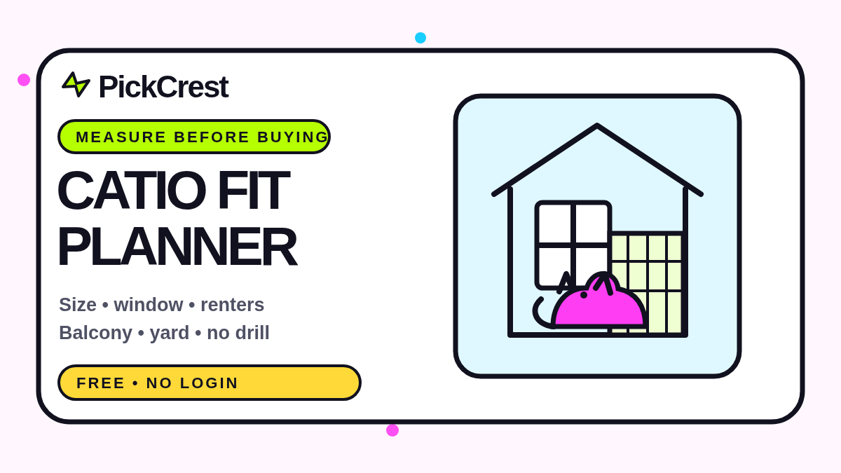 Catio fit checklist showing a house window connected to an enclosed catio, with size, window, renter, balcony, yard, and no-drill checks