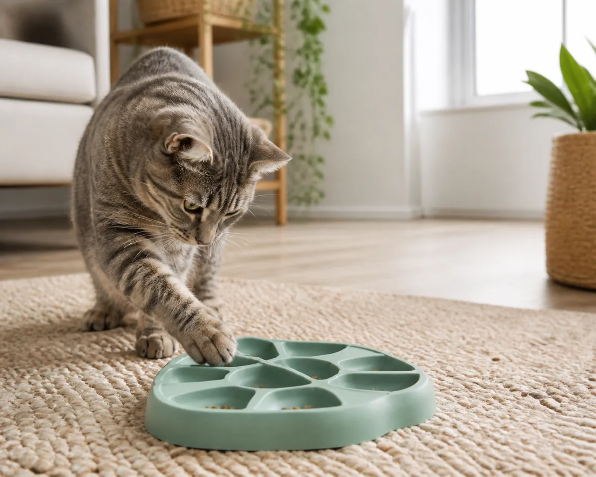 Gray tabby cat using a soft puzzle feeder on an apartment rug