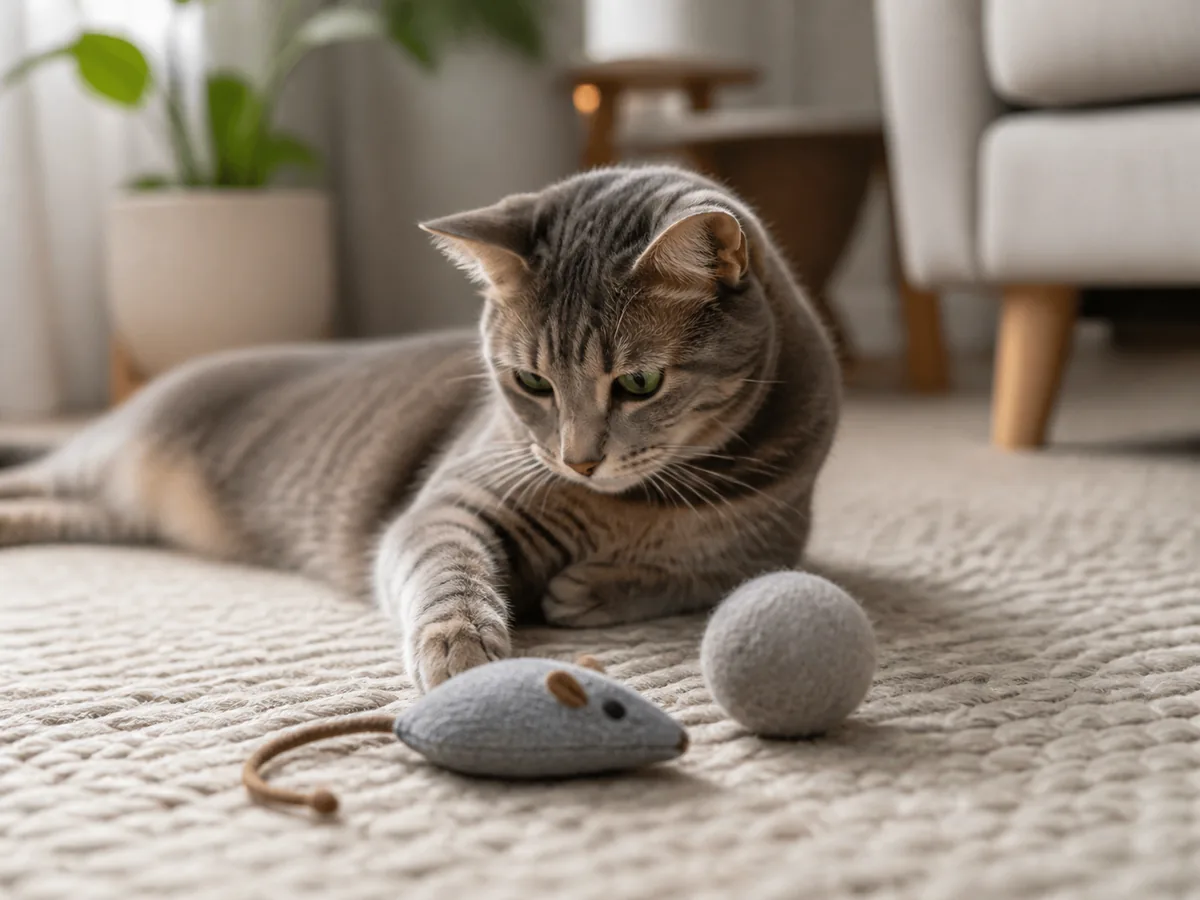 Gray tabby cat playing with a soft fabric mouse and felt ball on an apartment rug